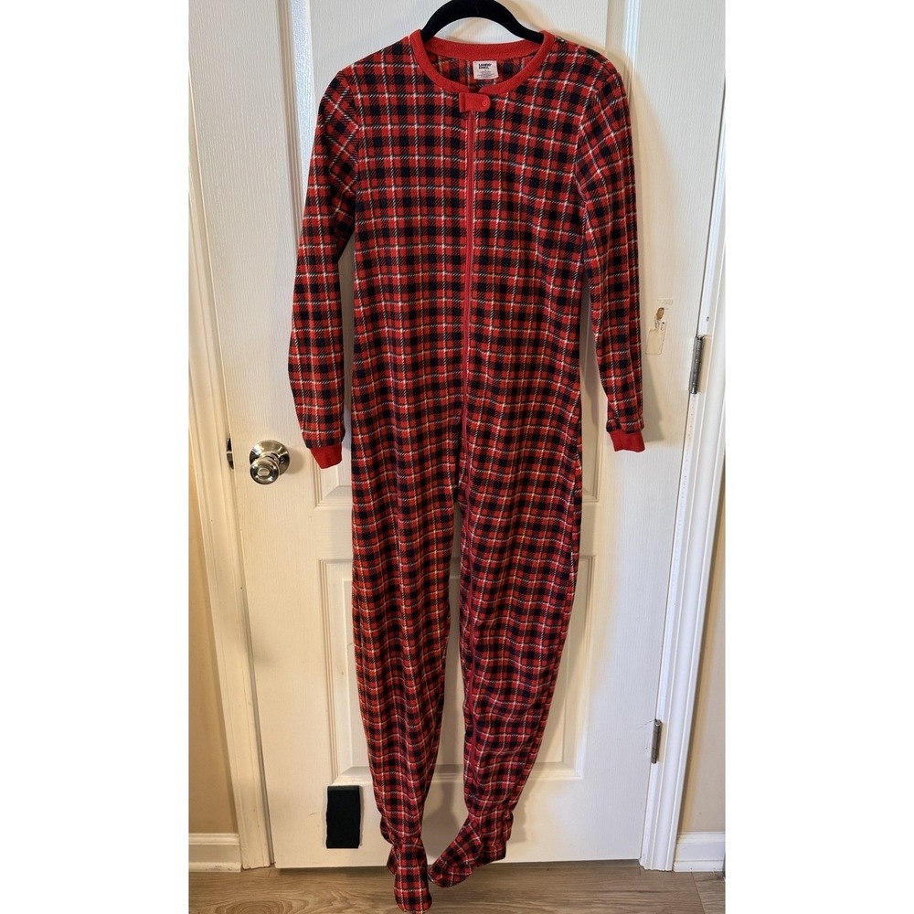 Lands End Footie Pajamas Zip Up Red Plaid‎ Fleece Size 14